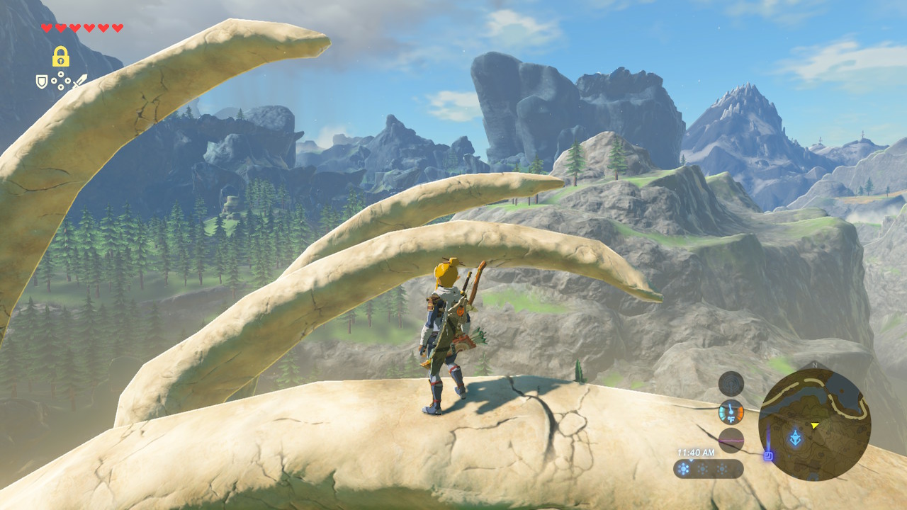 Link mounted astride a riverside skeletal ribcage of a long-deceased leviathan.